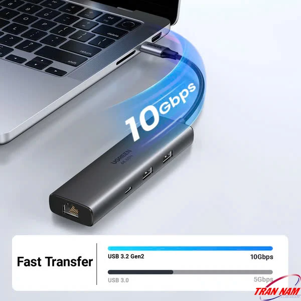 Tốc độ truyền dữ liệu 10Gbps của Hub USB-C Ugreen 45000 – USB 3.2 Gen 2 Hub USB-C Ugreen 45000 hỗ trợ truyền dữ liệu 10Gbps qua USB 3.2 Gen 2