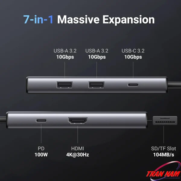 Hub USB‑C 7‑in‑1 Ugreen 15531 CM498, HDMI 4K@30Hz, 2x USB‑A 3.2 10Gbps, USB‑C 3.2 10Gbps, SD/TF 104MB/s, PD 100W, vỏ nhôm
