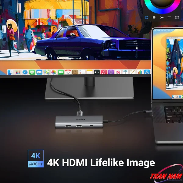 Hub USB‑C 7‑in‑1 Ugreen 15531 CM498 xuất HDMI 4K@30Hz cho màn hình ngoài, kèm 2× USB‑A/1× USB‑C 3.2 10Gbps và sạc PD 100W