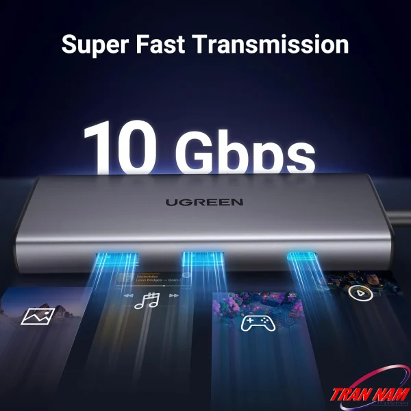 Ugreen 15531 CM498 – Hub USB‑C 7‑in‑1 truyền dữ liệu USB 3.2 Gen 2 tốc độ tới 10Gbps, vỏ nhôm bền b
