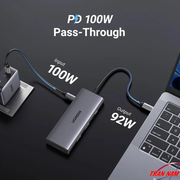 Ugreen 15531 CM498 – Hub USB‑C 7‑in‑1 hỗ trợ sạc pass‑through USB‑C PD tối đa 100W cho laptop