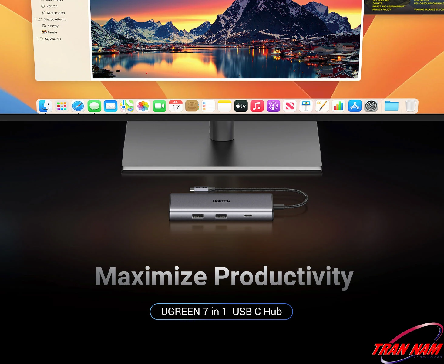 Hub USB‑C 7‑in‑1 Ugreen 15531 CM498 dưới màn hình rời, mở rộng HDMI 4K@30Hz, USB 3.2 10Gbps, SD/TF và PD 100W