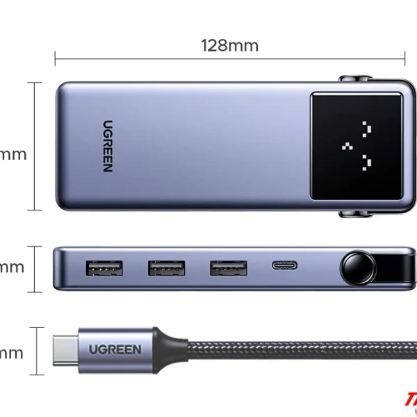 Kích thước Hub USB-C 7-in-1 Ugreen 45155 với chiều dài 128mm và độ dày 16mm