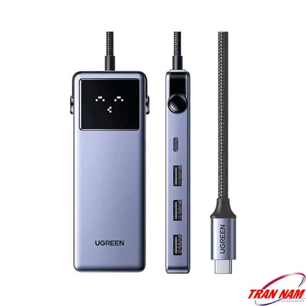Hub USB-C 7-in-1 Ugreen 45155 mặt trước và cạnh bên, hỗ trợ HDMI 4K60Hz và USB 3.0