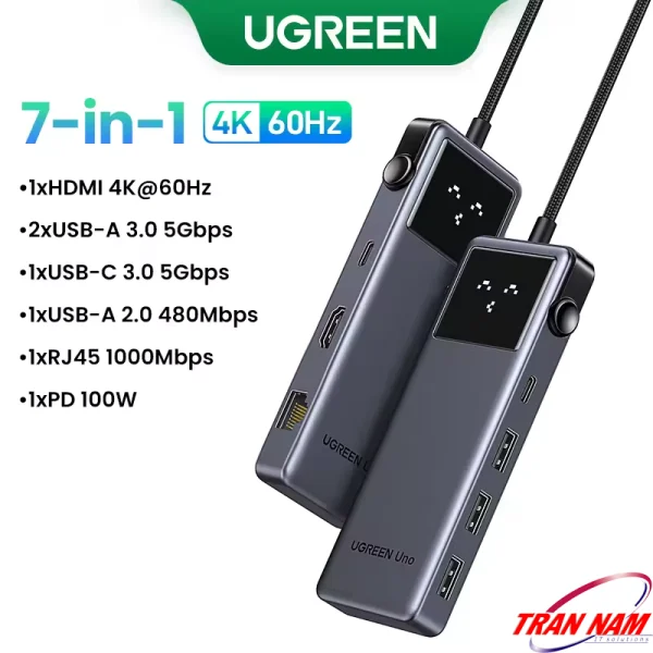 Hub USB-C 7-in-1 Ugreen 45155 hỗ trợ HDMI 4K60Hz, USB 3.0, USB-C, LAN 1Gbps và PD 100W