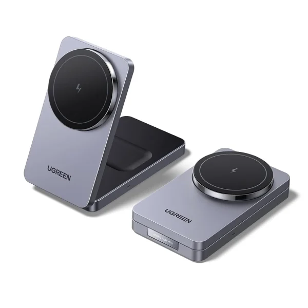 Sạc không dây MagFlow MagSafe 2 in 1 Ugreen 45056 W528 gập gọn, đế nhôm cao cấp sạc iPhone và AirPods chuẩn Qi, công suất 20W tối ưu cho MagSafe