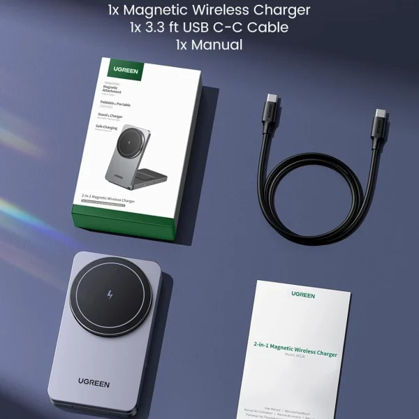 Trọn bộ sản phẩm UGREEN MagFlow 2‑in‑1 Magnetic Wireless Charger gồm 1 đế sạc không dây từ tính, 1 cáp USB‑C to USB‑C dài 3.3 ft (khoảng 1m) và 1 sách hướng dẫn, lưu ý không bao gồm củ sạc tường USB‑C