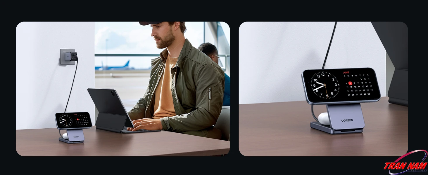 Người dùng làm việc với laptop/tablet trong khi iPhone được dựng ngang trên đế sạc không dây UGREEN MagFlow 2‑in‑1 hiển thị đồng hồ và lịch ở chế độ StandBy, đồng thời sạc AirPods bên dưới ngay trên bàn làm việc
