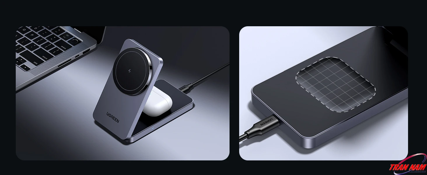 Cận cảnh UGREEN MagFlow 2‑in‑1 khi dựng iPhone sạc trên stand, AirPods nằm ở pad sạc phía dưới và mặt đáy đế có vùng silicone chống trượt giúp cố định trạm sạc trên bàn làm việc.