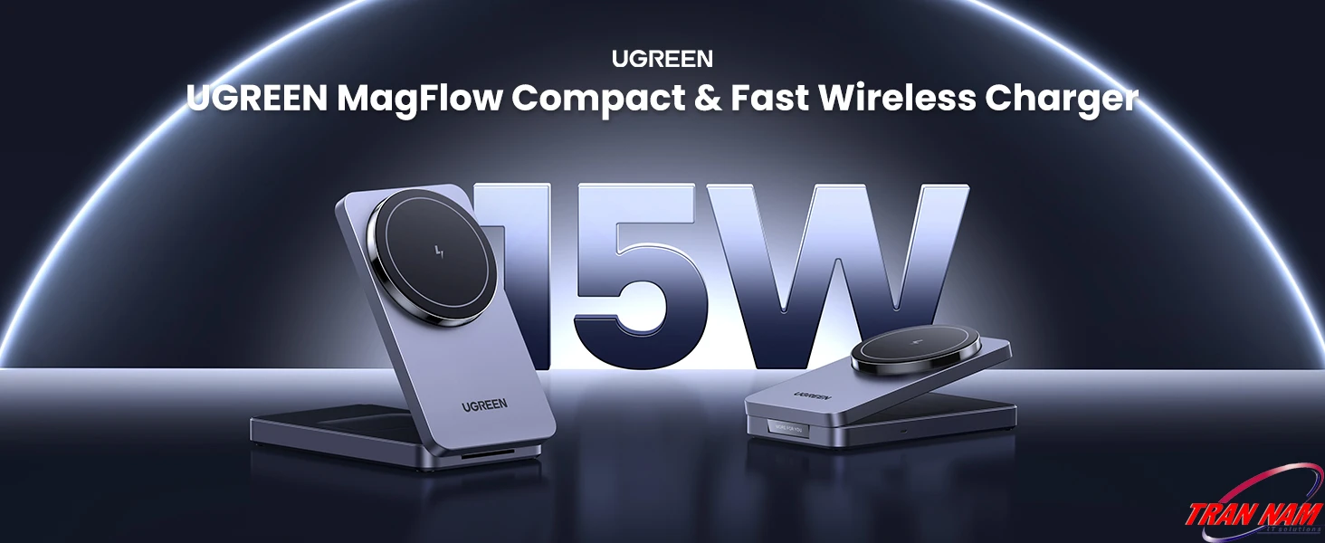 Banner UGREEN MagFlow Compact & Fast Wireless Charger hiển thị đế sạc từ tính gập được ở hai tư thế stand và pad, hỗ trợ sạc nhanh không dây tối đa 15W cho iPhone và thiết bị tương thích