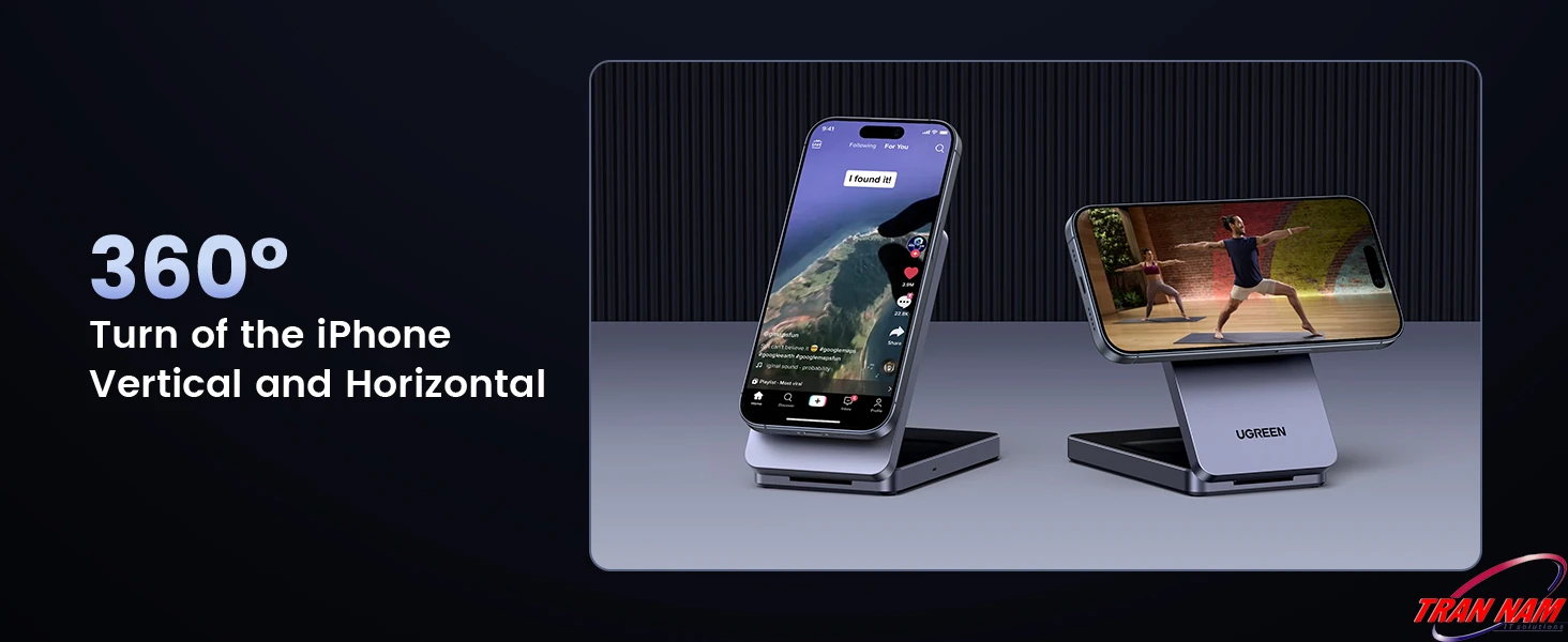 Banner 360° turn of the iPhone minh họa đế sạc UGREEN MagFlow cho phép xoay iPhone dọc – ngang linh hoạt nhờ nam châm, thuận tiện xem TikTok ở chế độ dọc hoặc xem video/yoga ở chế độ ngang khi sạc