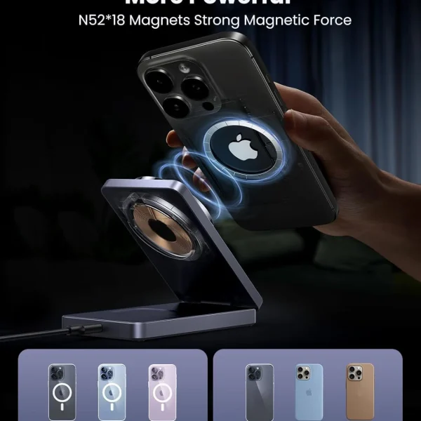 Minh họa công nghệ từ tính mạnh N52*18 nam châm của Sạc Không Dây MagFlow MagSafe 2 in 1 Ugreen 45056 W528, giữ chặt iPhone khi đặt lên đế sạc gập