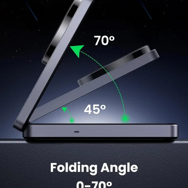 Đế sạc không dây UGREEN MagFlow 2‑in‑1 có bản lề gập mở linh hoạt, điều chỉnh góc dựng iPhone từ 0° đến 70° (các mốc 45° và 70°) giúp dễ dàng xem màn hình khi làm việc, xem phim hoặc đặt cạnh giường ngủ