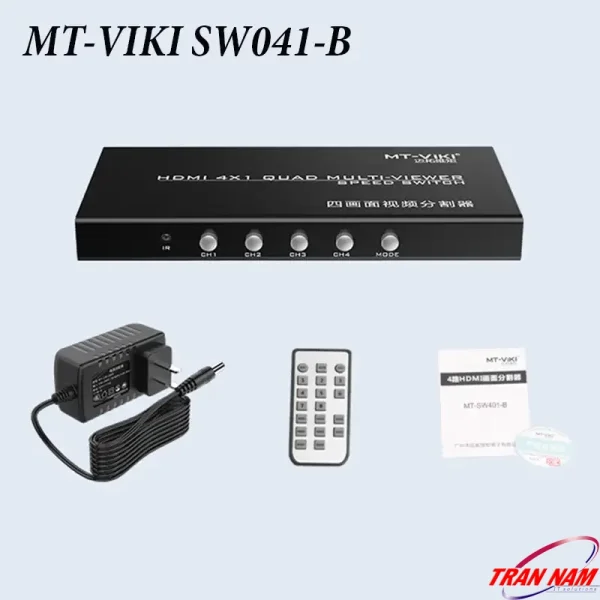 Bộ gộp HDMI 4x1 MT-Viki MT-SW041-B kèm adapter nguồn, remote điều khiển IR và sách hướng dẫn sử dụng