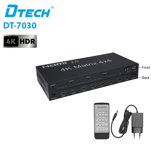 Bộ chia HDMI Matrix 4×4 DTECH DT-7030 hỗ trợ 4K@60Hz HDMI 2.0 điều khiển IR RS232