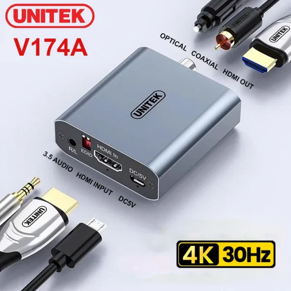 Bộ tách âm thanh HDMI Unitek V174A hỗ trợ Optical, Coaxial, Audio 3.5mm và xuất hình 4K 30Hz