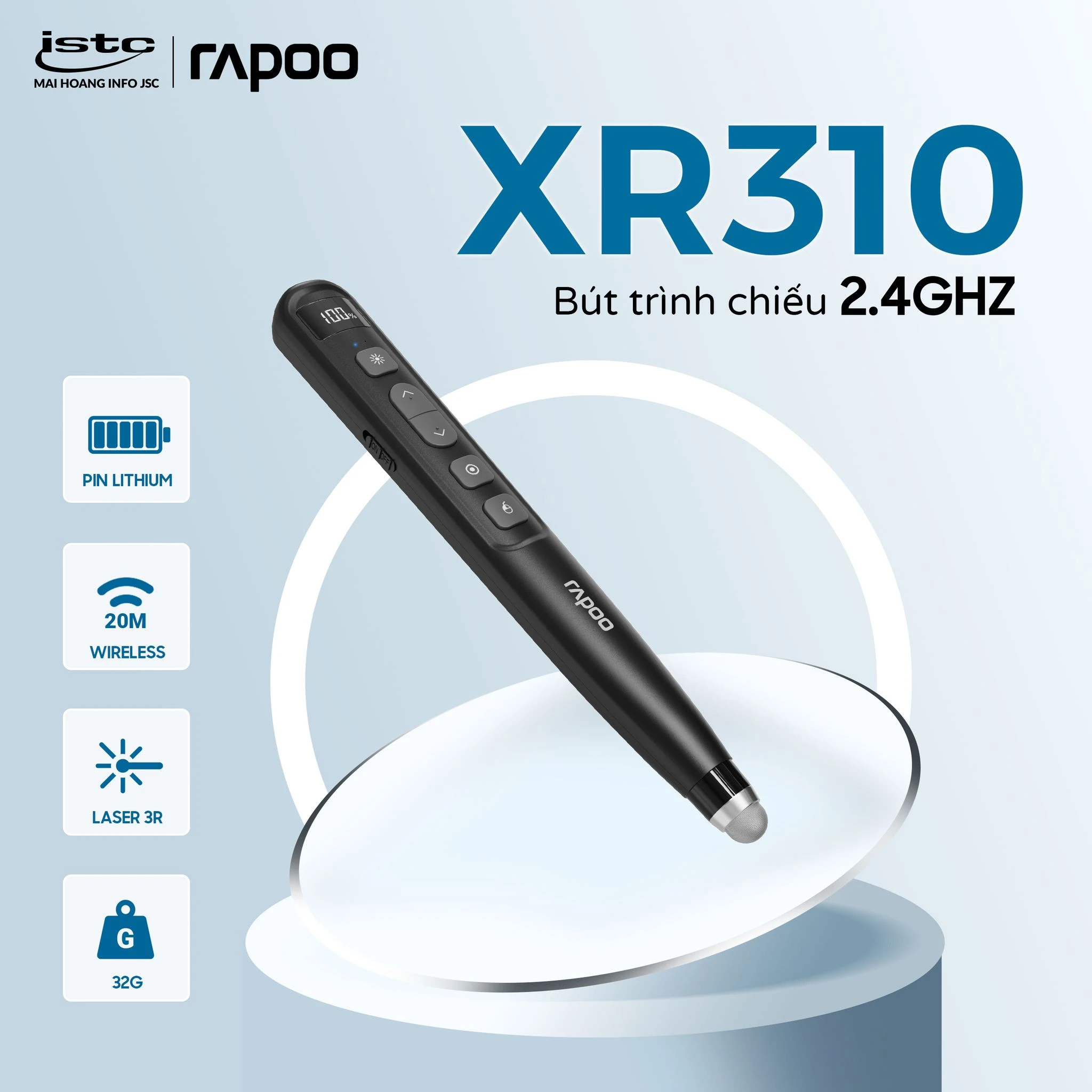 Bút trình chiếu lazer xanh cho màn LED, LCD Rapoo XR310 màu đen, dùng pin sạc (1)