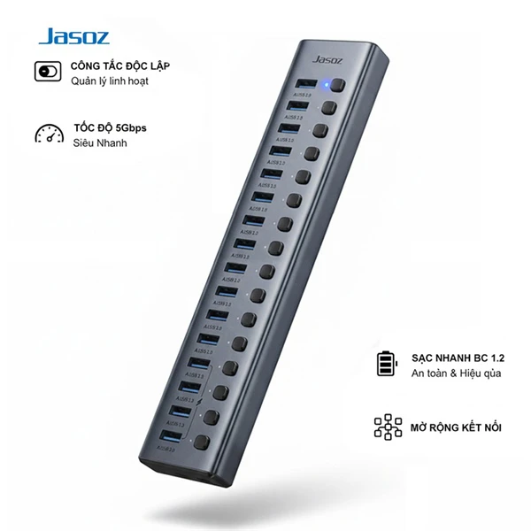 Hub Chia USB Sang 16 Cổng USB 3.0 Jasoz T-F173 Có Nguồn Phụ 12V7.5A, Sạc Nhanh BC 1.2