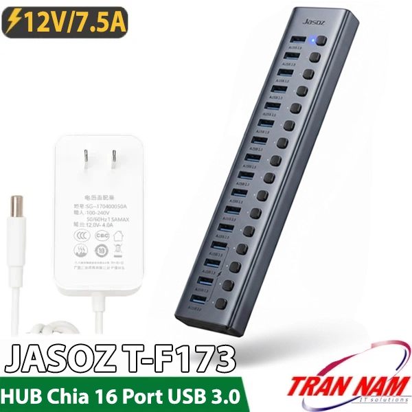 Hub Chia USB Sang 16 Cổng USB 3.0 Jasoz T-F173 Có Nguồn Phụ 12V7.5A, Sạc Nhanh BC 1.2