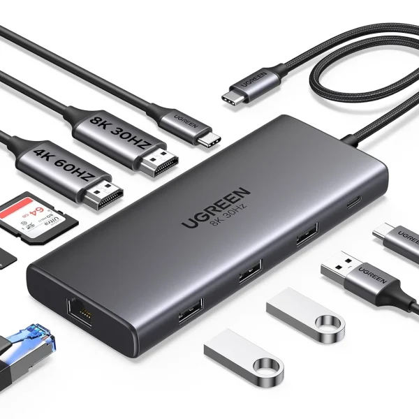 Hub USB-C 10 in 1 Hỗ Trợ 2 Cổng HDMI 8K30Hz & 4K@60Hz, 3x USB-A, 1x USB-C,1xSD, 1x TF, LAN 1Gbps PD100W Ugreen 15534 1 Hub USB-C Ugreen 15534 10 trong 1 màu xám với 2 cổng HDMI 4K 8K, 5 cổng USB, khe SD TF, cổng LAN Gigabit và sạc PD 100W