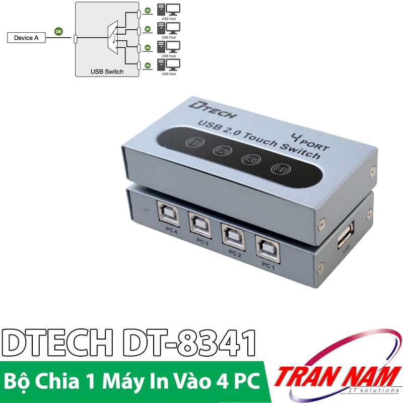 Bộ Chia 1 máy In Cho 4 Máy Tính Dùng Chung DETECH DT-8341 (8) Bộ chia sẻ máy in DETECH DT-8341 4 cổng USB 2.0 vỏ nhôm chính hãng