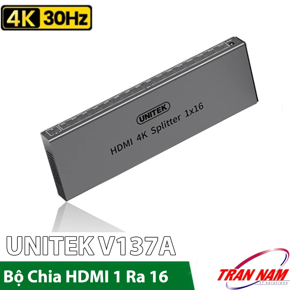 Unitek V137A - Bộ Chia HDMI 1 Ra 16 Cổng 4K@30Hz Bộ chia HDMI 1 ra 16 cổng Unitek V137A màu xám, vỏ nhôm nguyên khối, hỗ trợ 4K 30Hz, có 16 cổng HDMI output