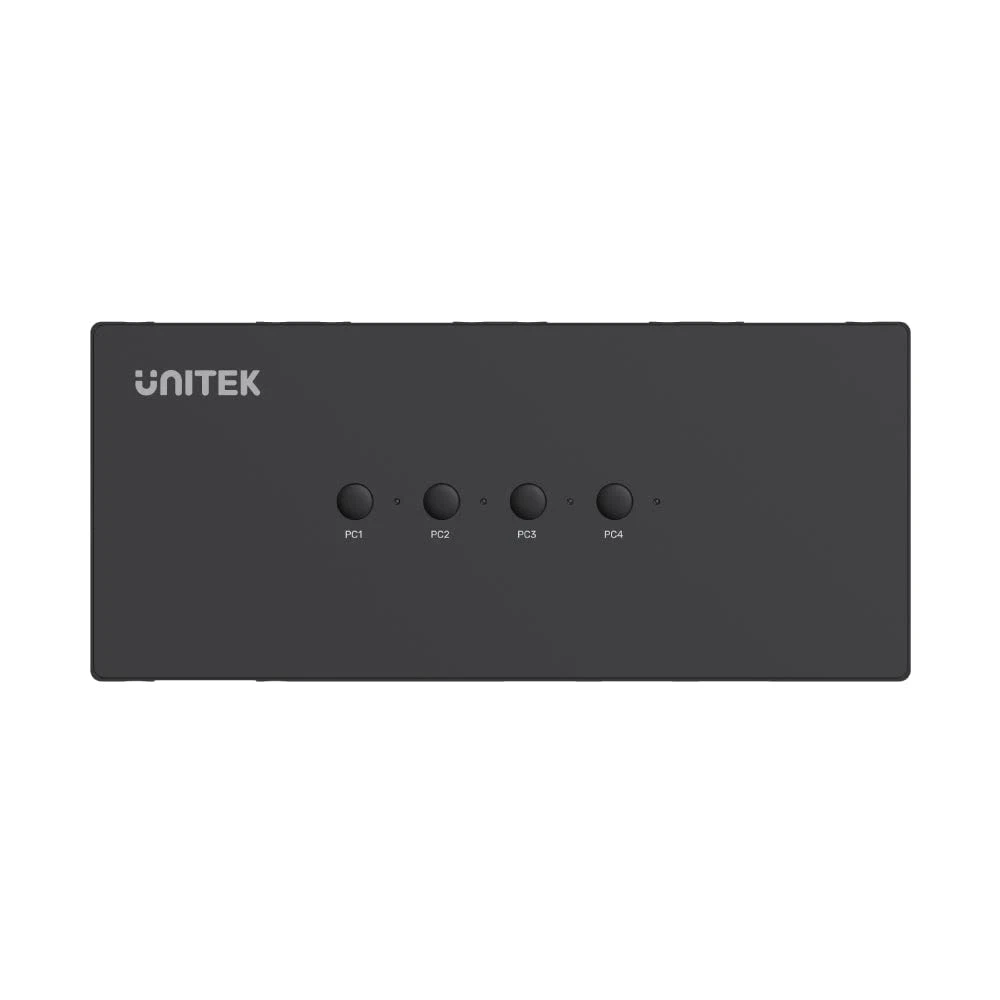 Unitek U-8710ABK – Nút bấm chuyển 4 máy tính PC1/PC2/PC3/PC4 trên thiết bị Mặt trên bộ KVM switch Unitek U-8710ABK với 4 nút bấm chuyển máy tính PC1 PC2 PC3 PC4