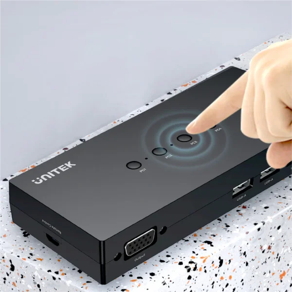 Bộ Gộp KVM 4 Cổng VGA +USB Sang 1 Màn Hình Unitek U-8710ABK ( Chuyển đổi lần lượt ) 5 Tay bấm nút chuyển máy tính PC trên KVM switch Unitek U-8710ABK – thao tác chuyển đổi nhanh chỉ 1 cú nhấn