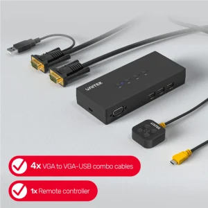 Bộ Gộp KVM 4 Cổng VGA +USB Sang 1 Màn Hình Unitek U-8710ABK ( Chuyển đổi lần lượt ) 10 Trọn bộ phụ kiện Unitek U-8710ABK gồm thiết bị KVM switch, 4 cáp VGA USB combo và 1 nút bấm remote controller