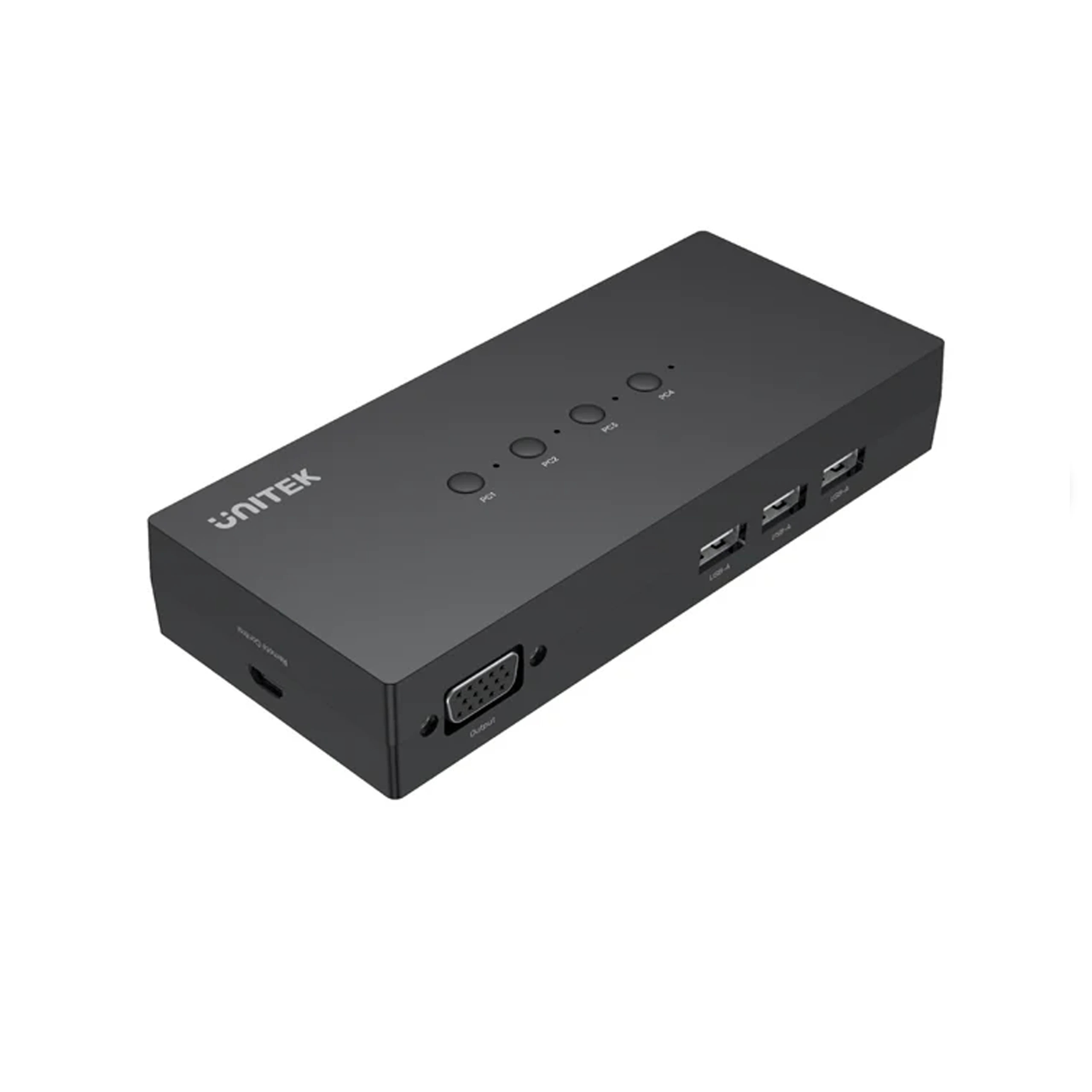 Unitek U-8710ABK – Cổng kết nối VGA input và USB-A output Cổng VGA và USB-A trên bộ KVM switch Unitek U-8710ABK – 4 đầu vào VGA, 3 cổng USB-A đầu ra
