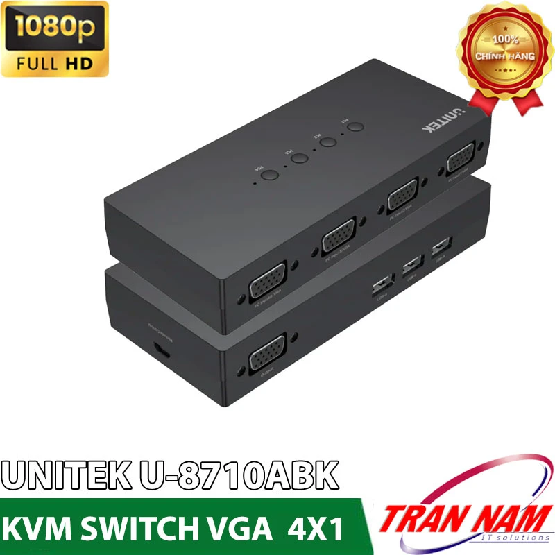KVM Switch VGA 4x1 Unitek U-8710ABK – Chính hãng, Full HD 1080P 60Hz Bộ chuyển mạch KVM 4 cổng VGA Unitek U-8710ABK hỗ trợ Full HD 1080P