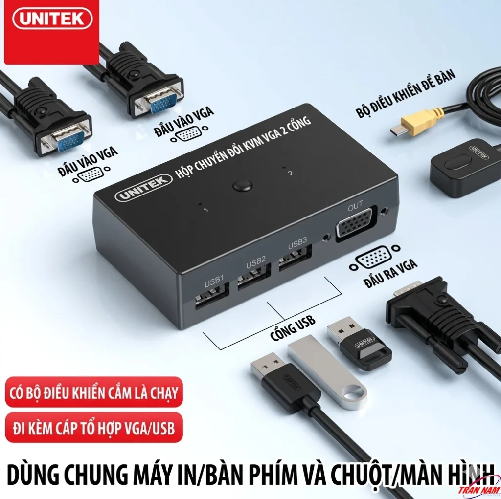Sơ đồ cổng kết nối KVM switch VGA 2 cổng Unitek U-8709ABK: 2 đầu vào VGA, 1 đầu ra VGA, 3 cổng USB và bộ điều khiển để bàn