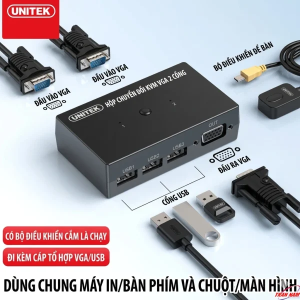 Sơ đồ cổng kết nối KVM switch VGA 2 cổng Unitek U-8709ABK: 2 đầu vào VGA, 1 đầu ra VGA, 3 cổng USB và bộ điều khiển để bàn