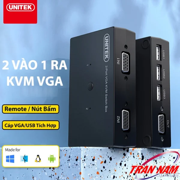 KVM switch VGA 2 vào 1 ra Unitek U-8709ABK với cổng IN1 IN2 VGA đầu vào, cổng OUT VGA và 3 cổng USB đầu ra, hỗ trợ Windows macOS Linux Android