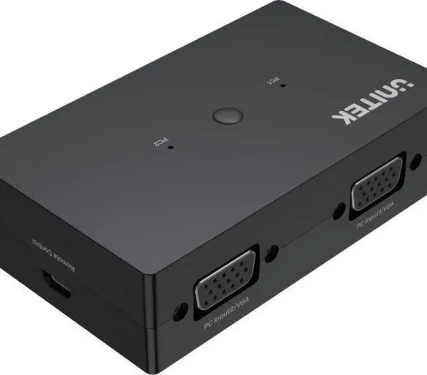 Góc sau bộ KVM switch VGA 2 cổng Unitek U-8709ABK với cổng PC Input1 VGA, PC Input2 VGA và jack Remote Control