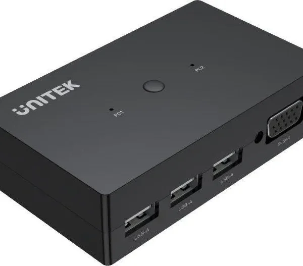 Góc trước bộ KVM switch VGA 2 cổng Unitek U-8709ABK với 3 cổng USB-A, cổng Output VGA đầu ra màn hình và nút bấm PC1 PC2
