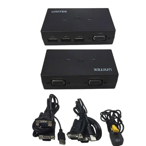 Unitek U-8709ABK nhìn từ mặt trước và mặt sau cùng 2 cáp VGA-USB combo và remote controller trên nền trắng
