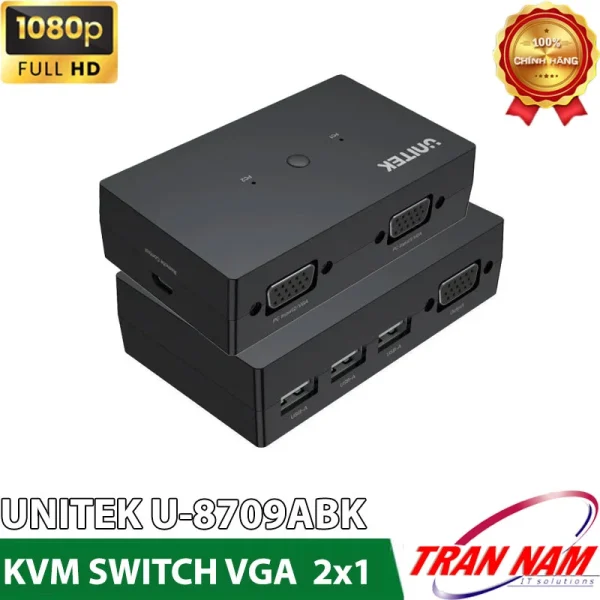 Bộ chuyển mạch KVM 2 cổng VGA Unitek U-8709ABK hỗ trợ Full HD 1080P – KVM Switch VGA 2 vào 1 ra