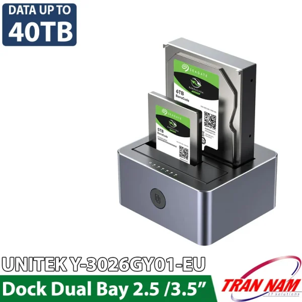 Dock ổ cứng 2 khay Unitek Y-3026GY01-EU gắn 2 ổ tổng dung lượng 40TB — Space Grey vỏ nhôm