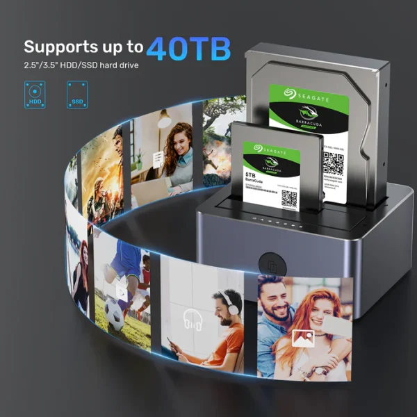 Dock ổ cứng Unitek Y-3026GY01-EU cắm đồng thời HDD Seagate BarraCuda 3.5 inch và SSD Seagate BarraCuda 5TB 2.5 inch — hỗ trợ tổng dung lượng tối đa 40TB (20TB mỗi khay), nền tối, vòng cung ảnh lifestyle dữ liệu cá nhân