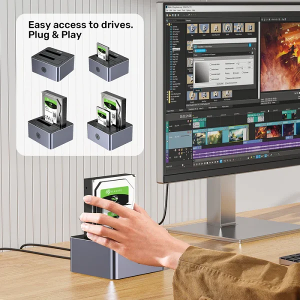 Tay cắm ổ Seagate BarraCuda HDD 3.5 inch vào dock Unitek Y-3026GY01-EU không cần vít hay tool — màn hình nền chạy phần mềm dựng video timeline, inset 4 trạng thái: dock trống, 1 ổ 2.5 inch, 1 ổ 3.5 inch, 2 ổ cùng lúc