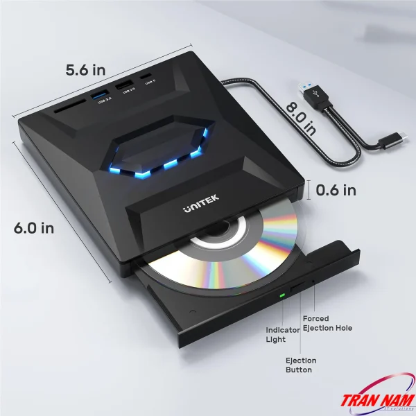 Kích thước ổ đĩa quang Unitek T1037A: dài 155mm, rộng 143mm, cao 17mm — mặt trên có cổng USB 3.0, USB 2.0, USB-C và đầu đọc thẻ SD, mặt trước có nút Eject và lỗ eject khẩn cấp