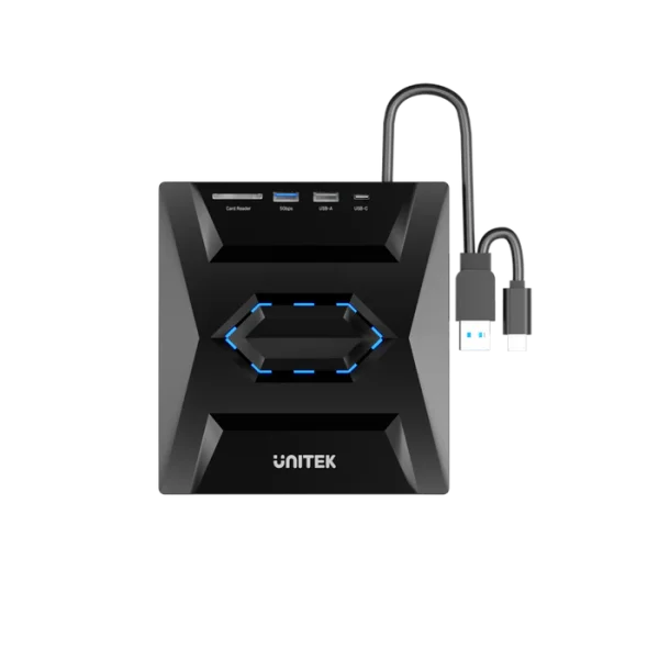 Nhìn từ trên xuống mặt trên ổ đĩa quang Unitek T1037A: khe Card Reader SD, cổng 5Gbps, USB-A, USB-C xếp thẳng hàng — đèn LED hexagon màu xanh, vỏ ABS màu đen, nền tối