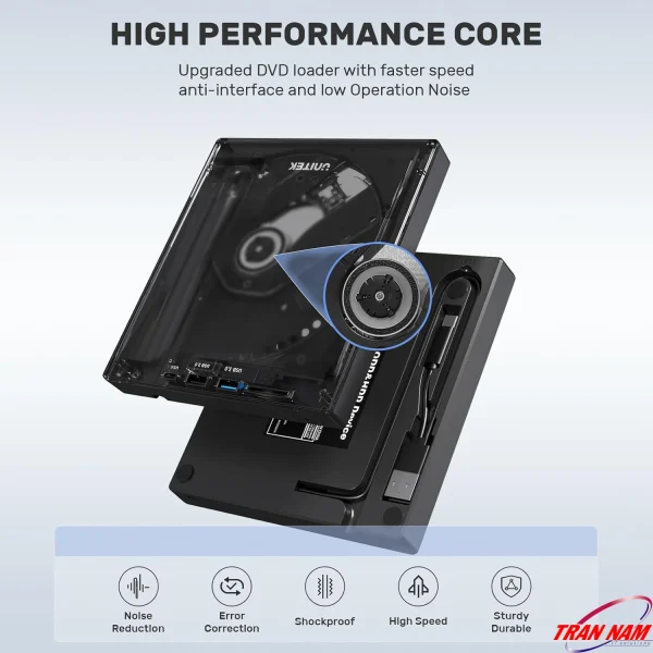 Cắt mở vỏ ổ đĩa quang Unitek T1037A thấy spindle motor và cơ cấu loader bên trong — cải tiến giảm tiếng ồn, chống rung, tự sửa lỗi đọc đĩa và bền bỉ cao
