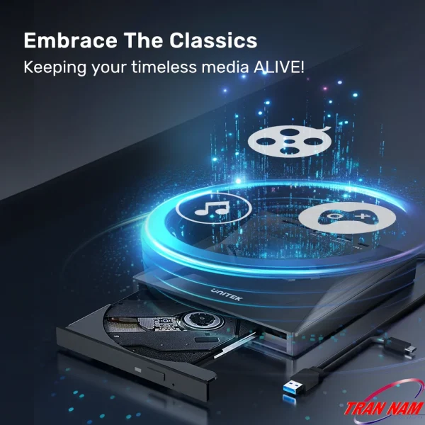 Unitek T1037A đọc đĩa phim DVD, đĩa nhạc CD và đĩa game cổ điển — 3 use case minh họa bằng icon film, nốt nhạc và tay cầm game nổi lên từ ổ đĩa đang mở