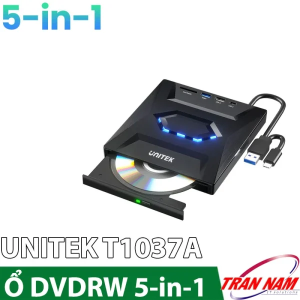Ổ đĩa quang ngoài Unitek T1037A màu đen 5-in-1, khay đĩa DVD đang mở kèm đĩa CD, 2 cổng USB-A 5Gbps và 1 cổng USB-C trên mặt máy, đầu cắm dual USB-A và USB-Cb n