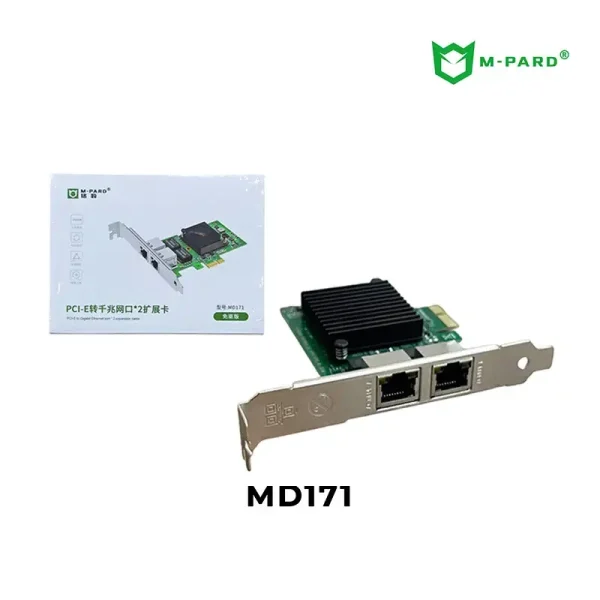 Hộp sản phẩm và card mạng M-Pard MD171 — bracket low-profile lắp sẵn, badge免驱版 không cần cài driver, 2 cổng RJ45 nằm ngang