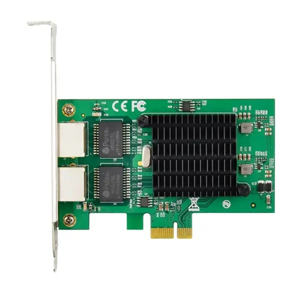 PCB mặt trước card mạng M-Pard MD171 — chip Pulse H5007NL x2, tản nhiệt nhôm đen, 2 cổng RJ45 Gigabit, chứng nhận CE FC
