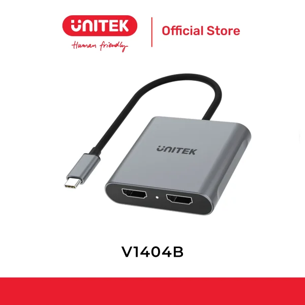 Bộ chia USB-C ra 2 HDMI Unitek V1404B chính hãng Official Store, vỏ nhôm Space Grey với logo UNITEK Human Friendly trên nền trắng