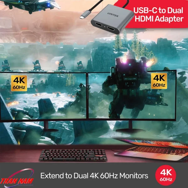 Adapter chia 2 màn 4K Unitek V1404B trong setup gaming — extend dual 4K@60Hz monitors hiển thị scene game robot mech cùng cảnh nối tiếp qua 2 màn external